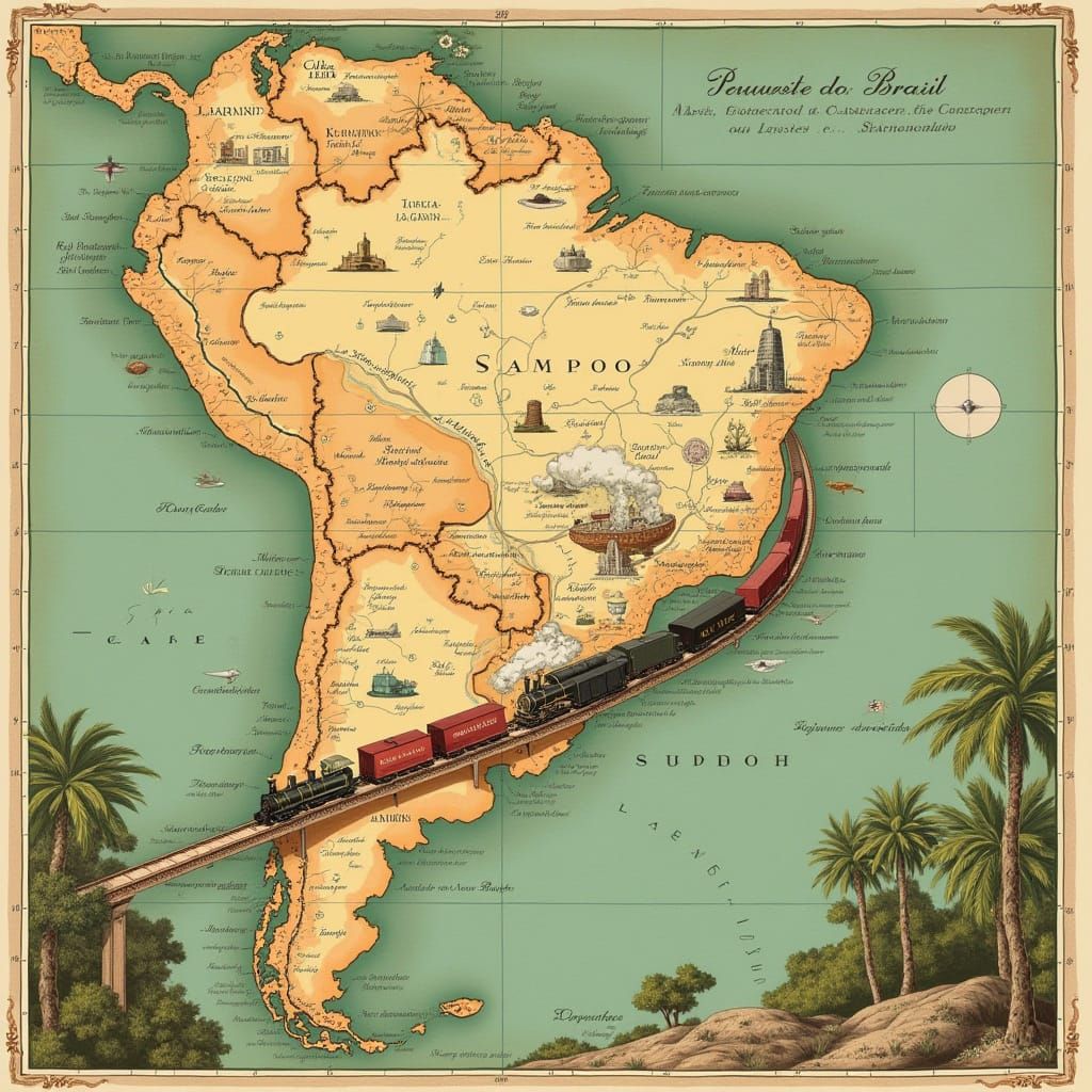 Vintage Map of Brazil's Coffee Cycle, Illustrated