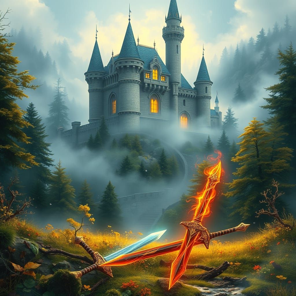 Majestic Castle Surrounded by Elemental Swords in a Whimsica...