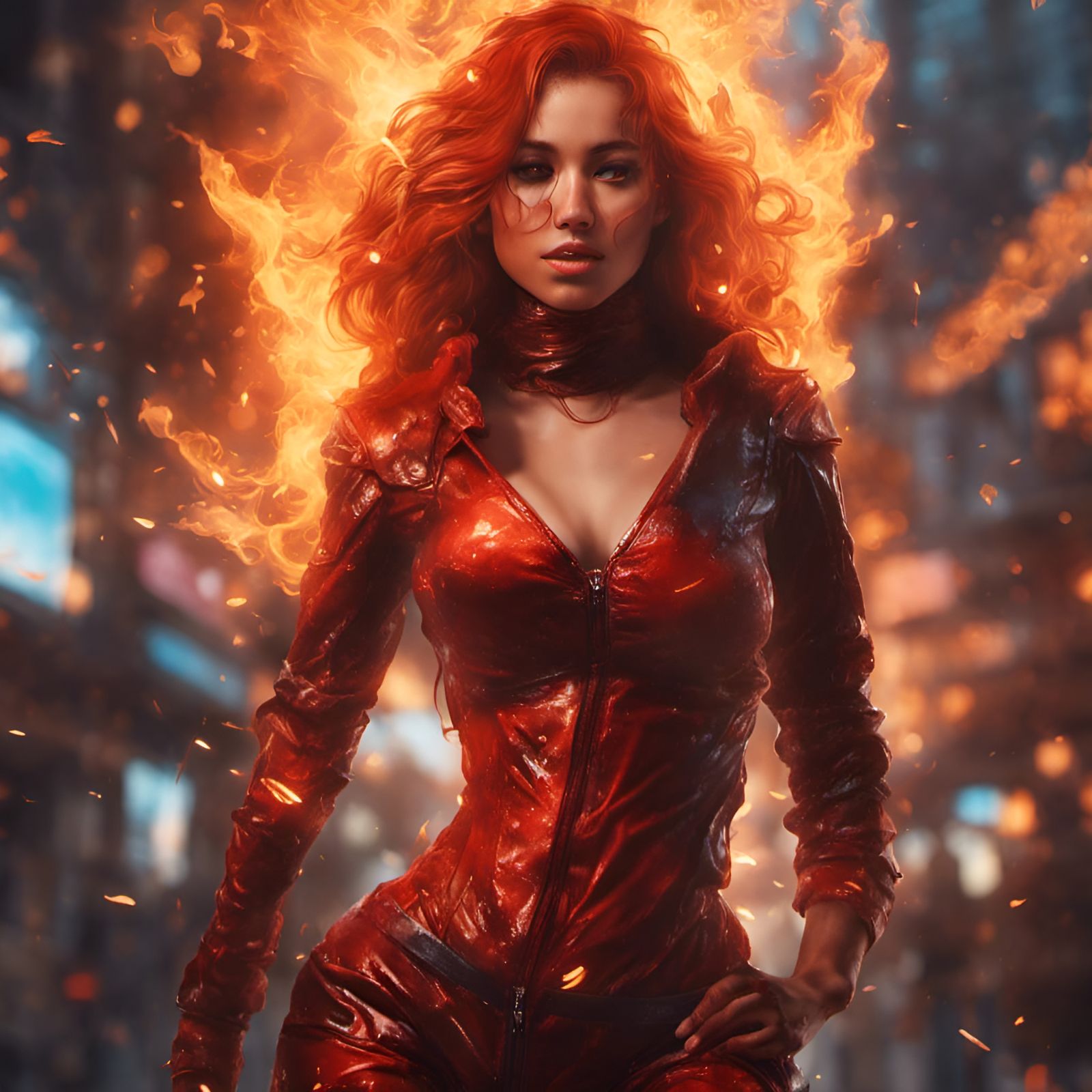 Fiery Goddess with Swirling Golden Energy