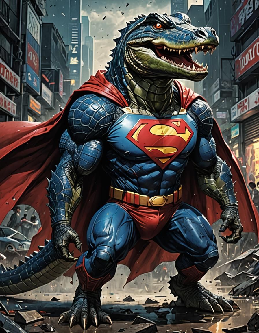 Alligator as Superman in Grunge Art Style