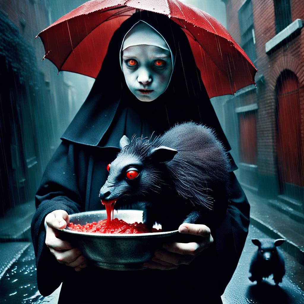 Eerie Nun Feeds Distorted Animals in Alleyway