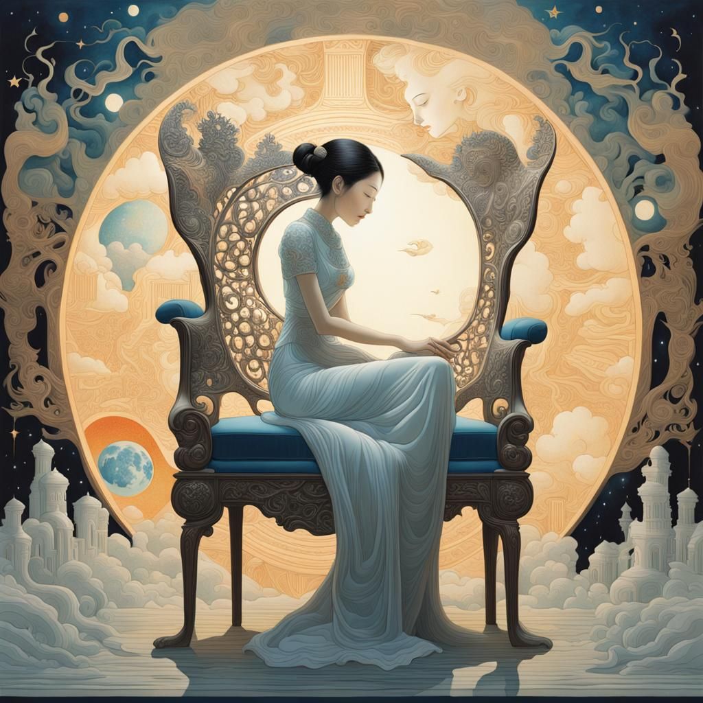 Surreal Woman in Celestial Chair: A Digital Masterpiece