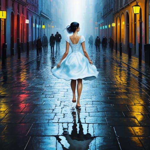 Woman in White Dress: Neo-Expressionist Acrylic Painting