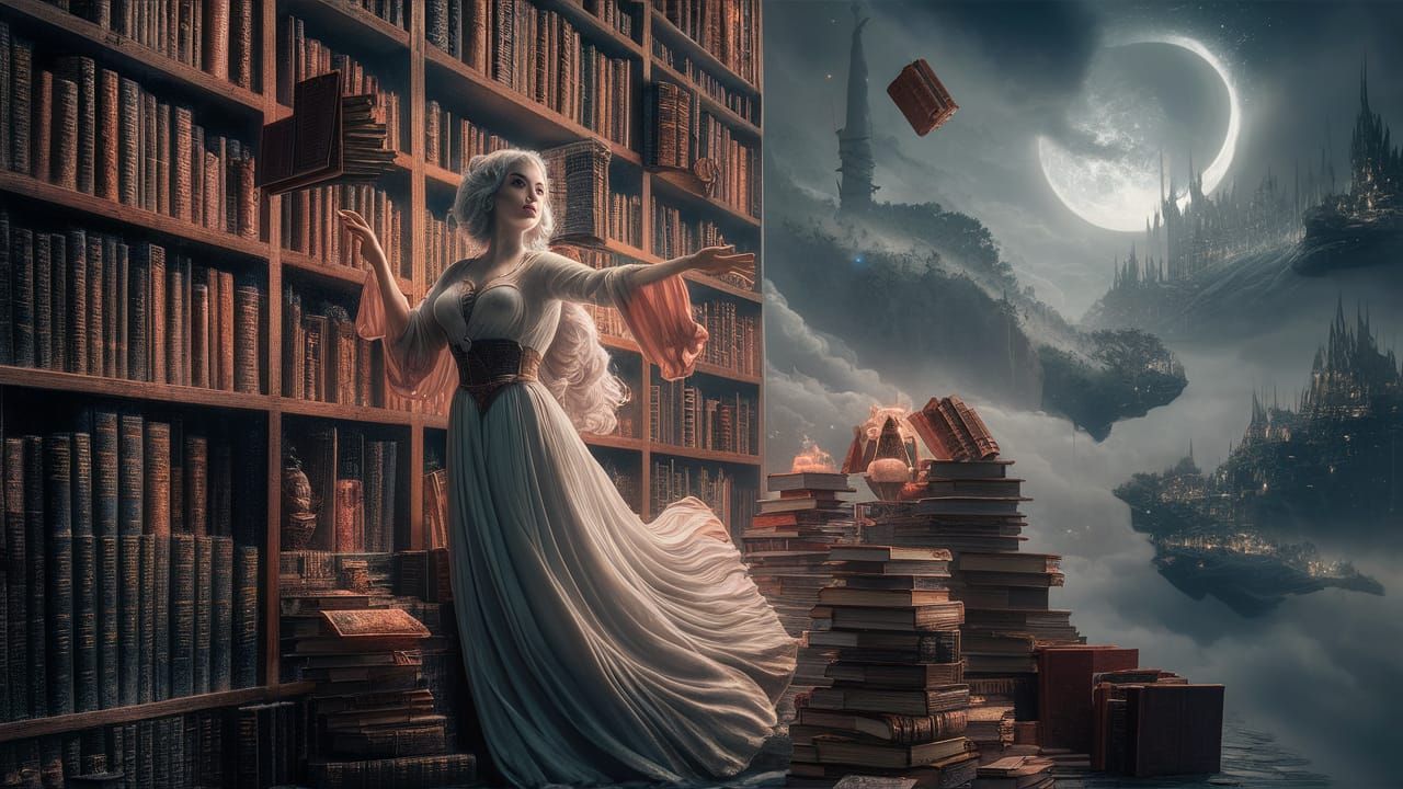 Ethereal Librarian in Magical Library: Double Exposure Art