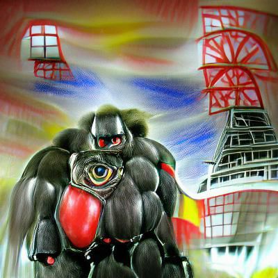 Gorilla Mechanic Working on Car, Cartoon Style