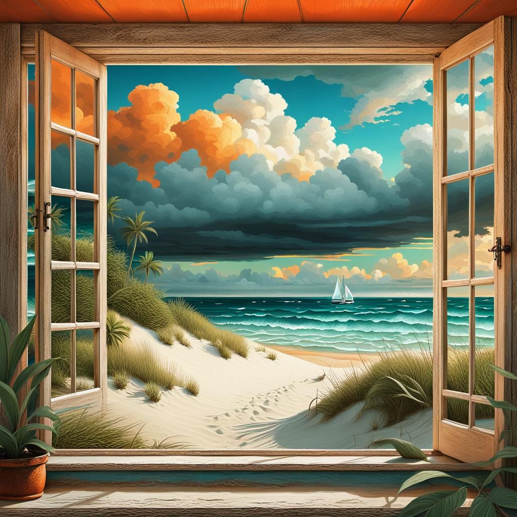 Dramatic Seascape Through Window with Looming Storm