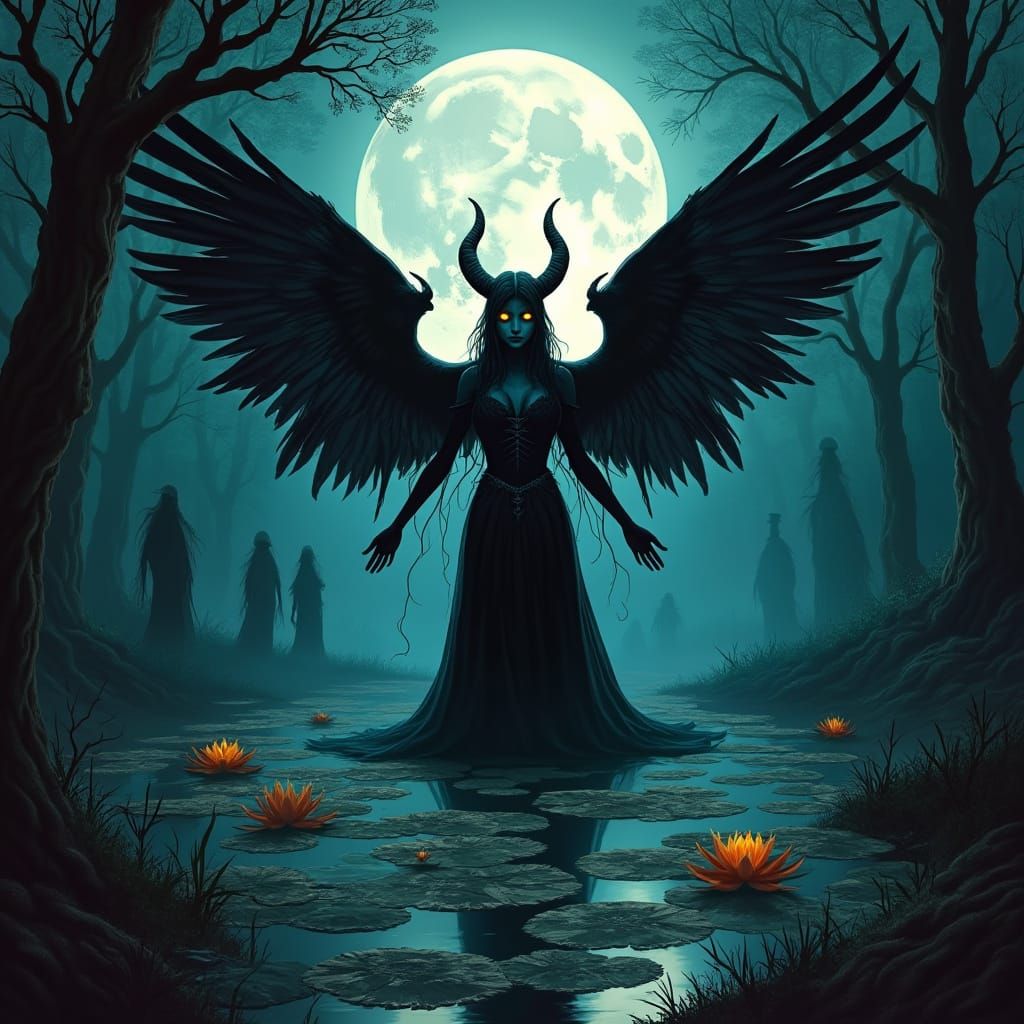 Dark Fantasy Goddess Rises from Lotus Pond