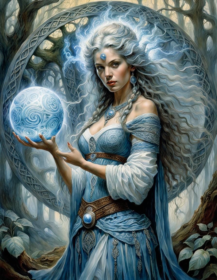 Celtic Sorceress with Glowing Sphere, Watercolor Illustratio...