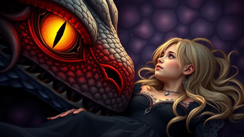 Mystical Encounter Between Woman and Dragon in Digital Paint...