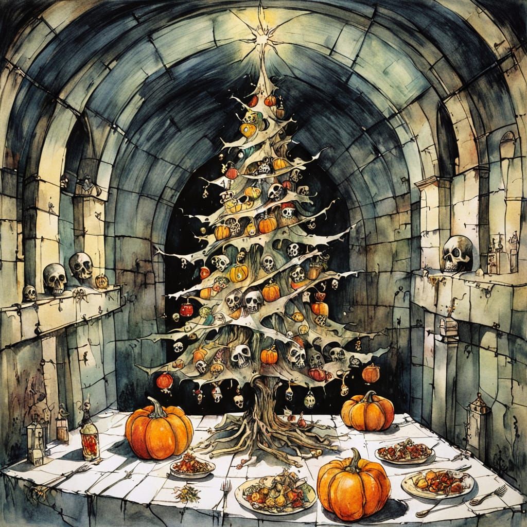 Whimsical Medieval Crypt Christmas Tree Drawing