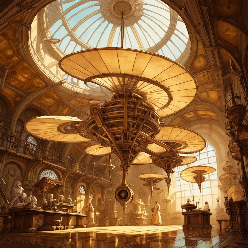 Renaissance Whirlyspire Flying Machines in Steampunk Style