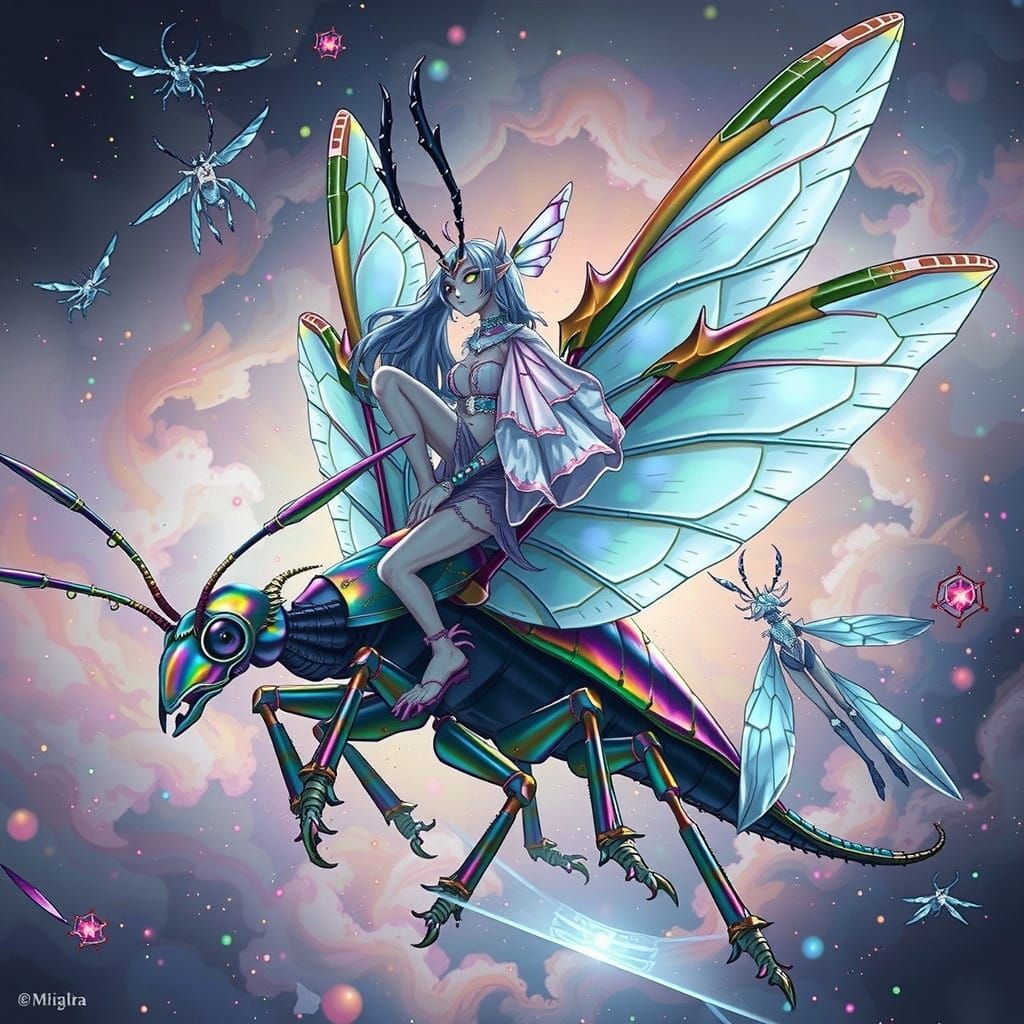 Ethereal Insect Riders Soar Through Vibrant Skies