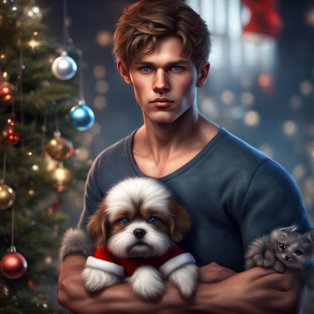Christmas: Muscular Man with Puppy in Detailed Digital Art