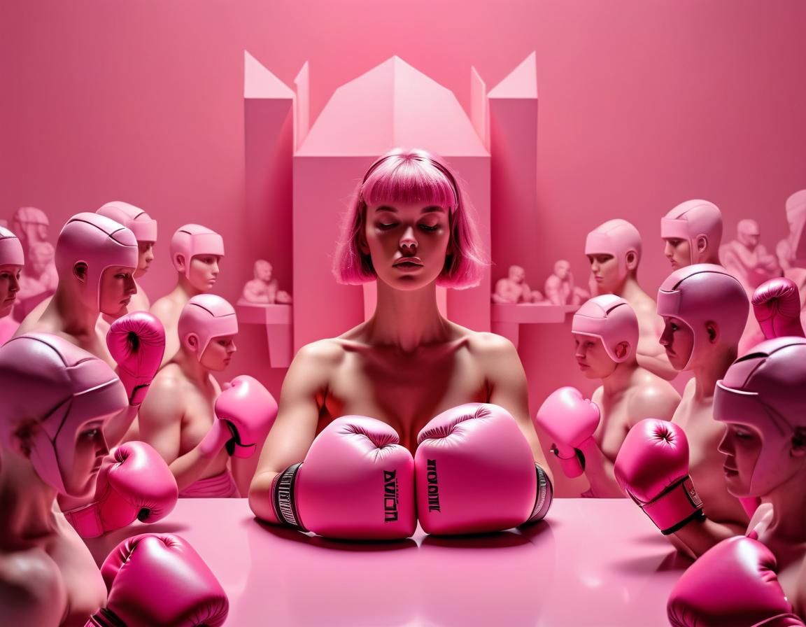 Cubist Pink Woman Boxer on Altar