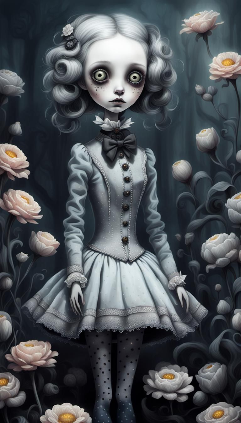 Gothic Doll in Rococo Surreal Bedroom