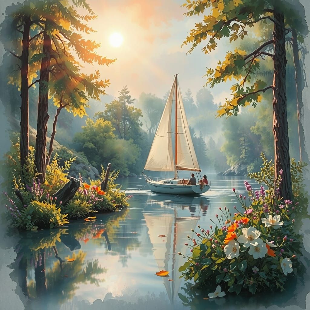 Sunlit River Lake: Sailing Boat in Watercolour Style
