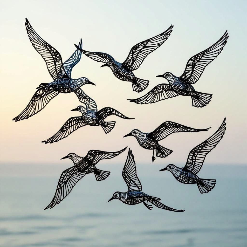 Wire Sculpture of Seagulls in Abstract Expressionist Style