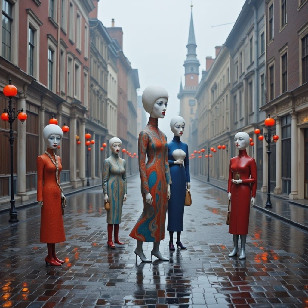 Surreal Figures in Rainy Town