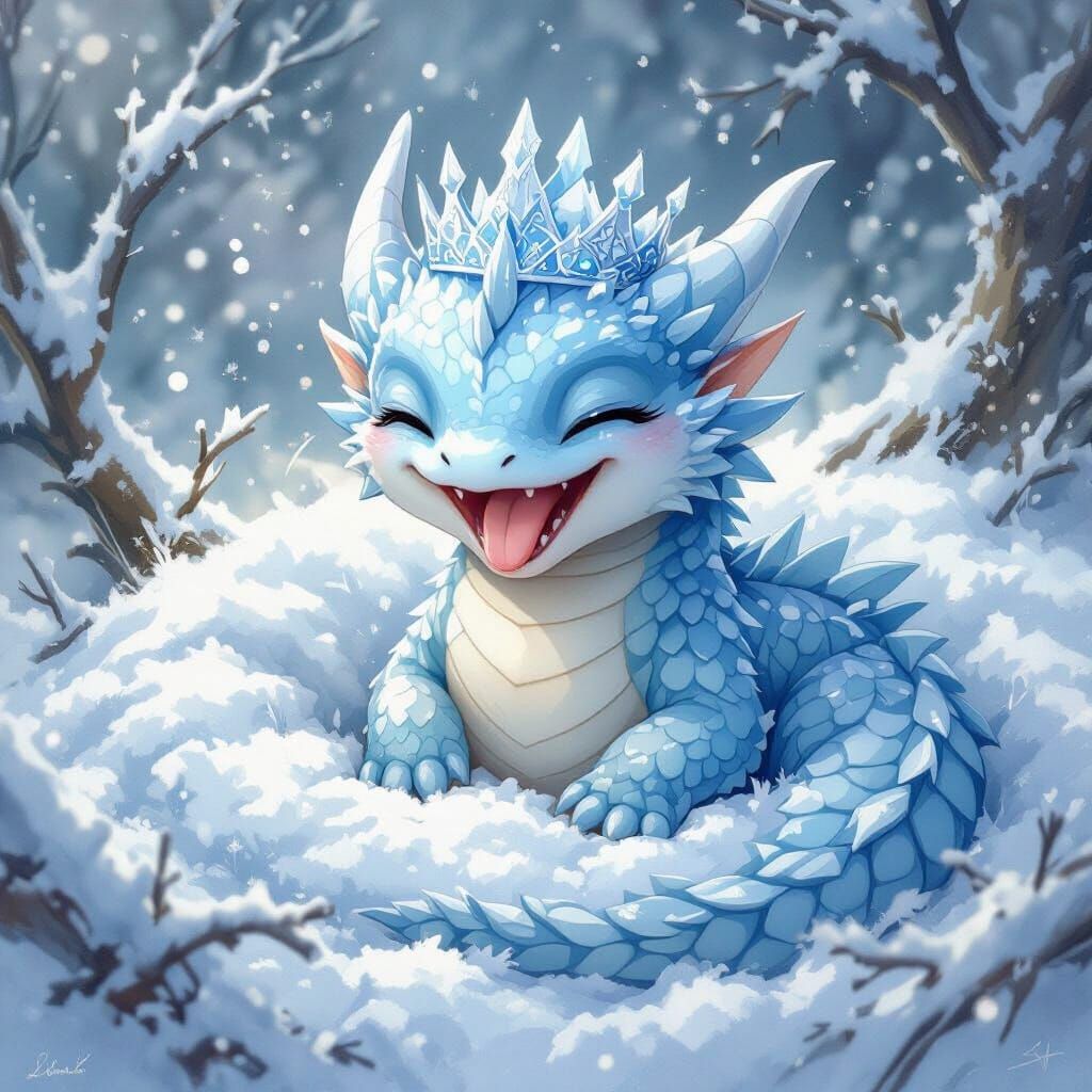 Adorable Baby Ice Dragon in Snowy Nest
