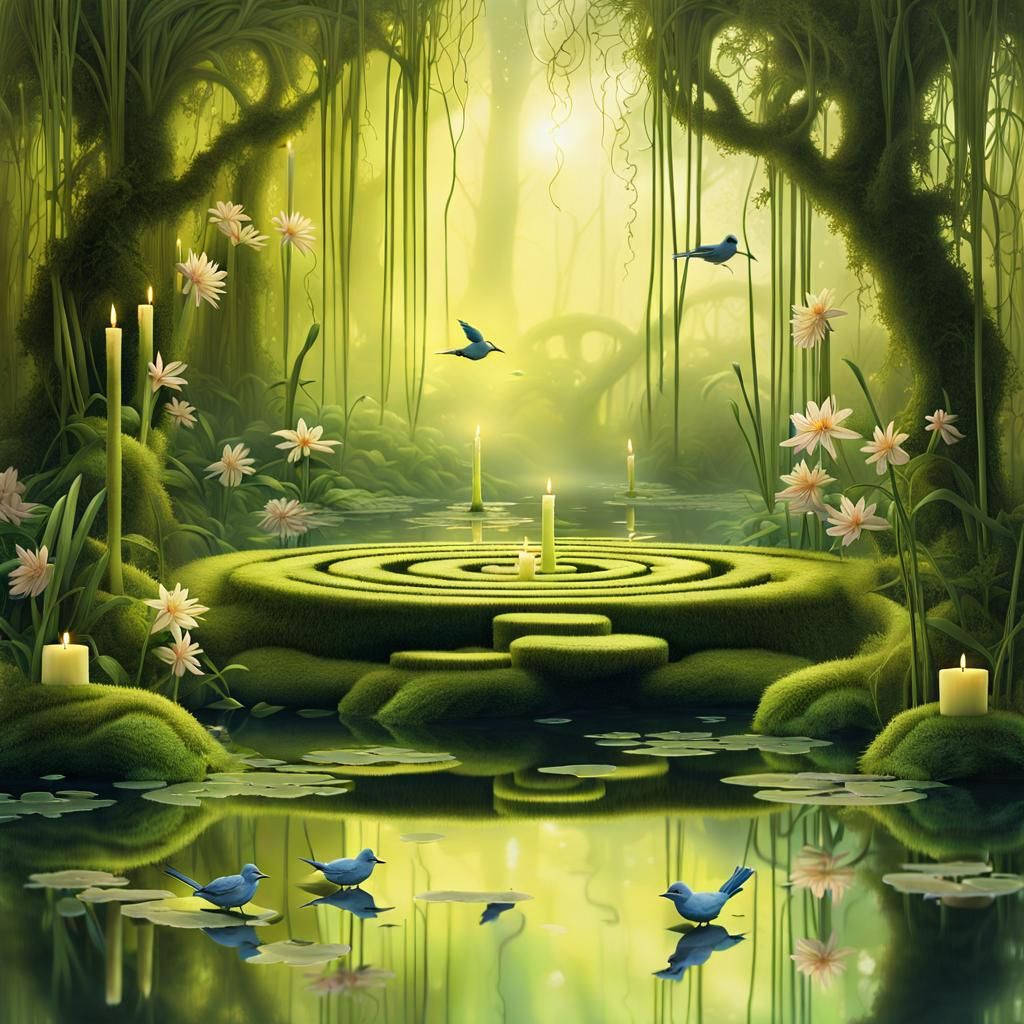 Mystical Mossy Birds in Dreamlike Labyrinth: Digital Surreal...