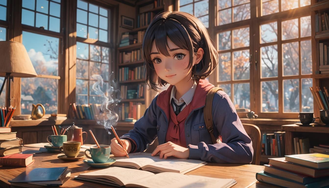 Cozy Anime Girl Studying in Soft Sunlight