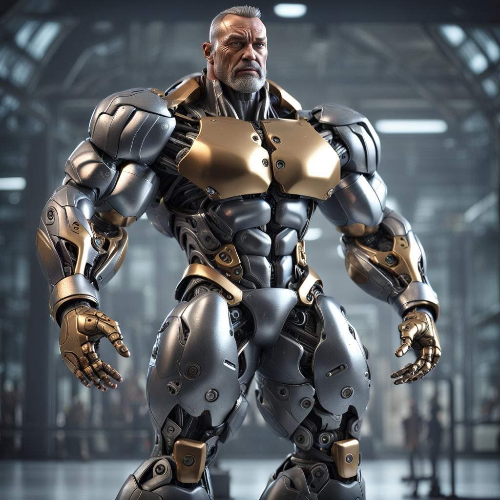 Hyperrealistic Male Robot Bodybuilder in Laboratory