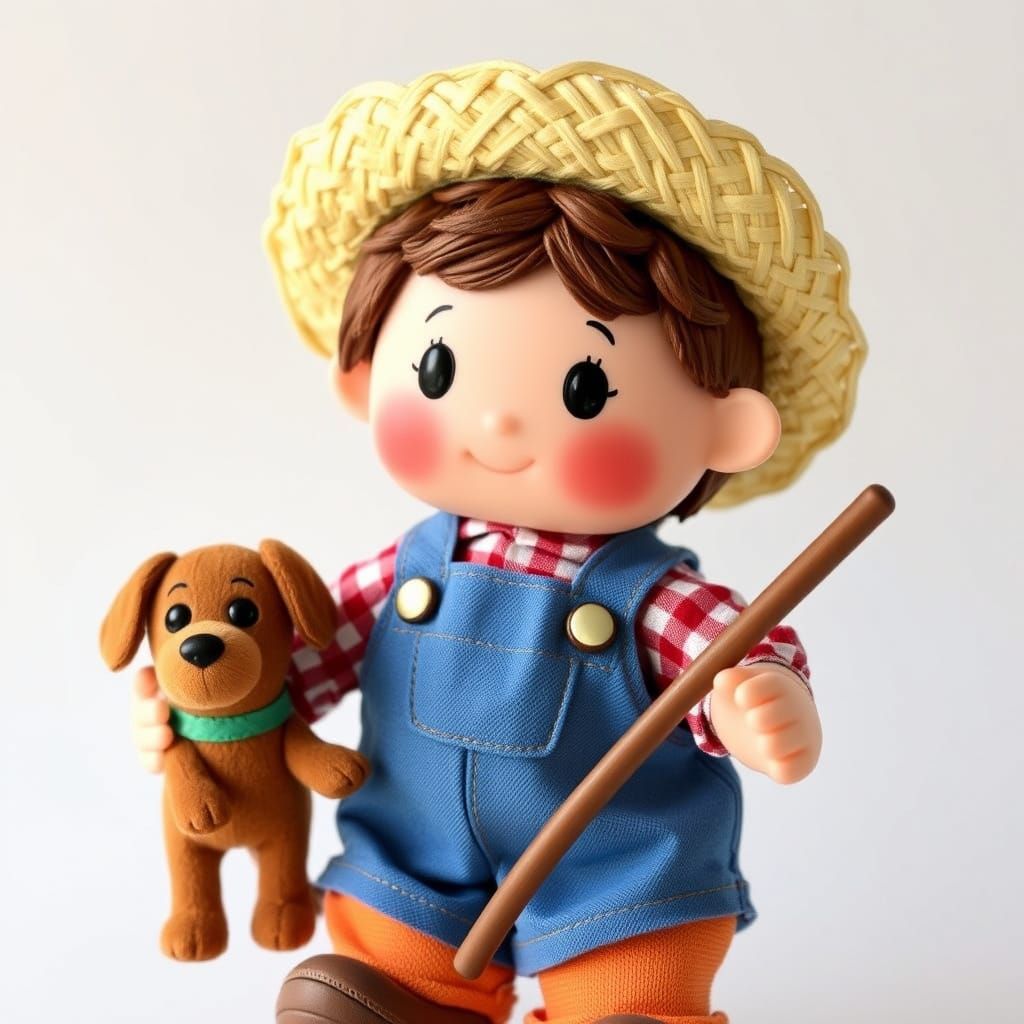 The Strawberry Shortcake doll Huckleberry Pie, with his straw hat, and his toy brown dog Pupcake. He has short brown hai...