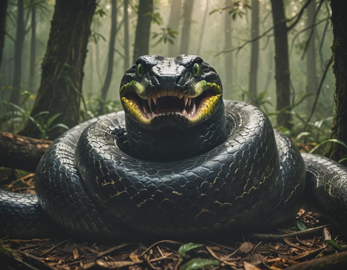 Menacing Black Anaconda in Misty Forest: Cinematic Film Stil...