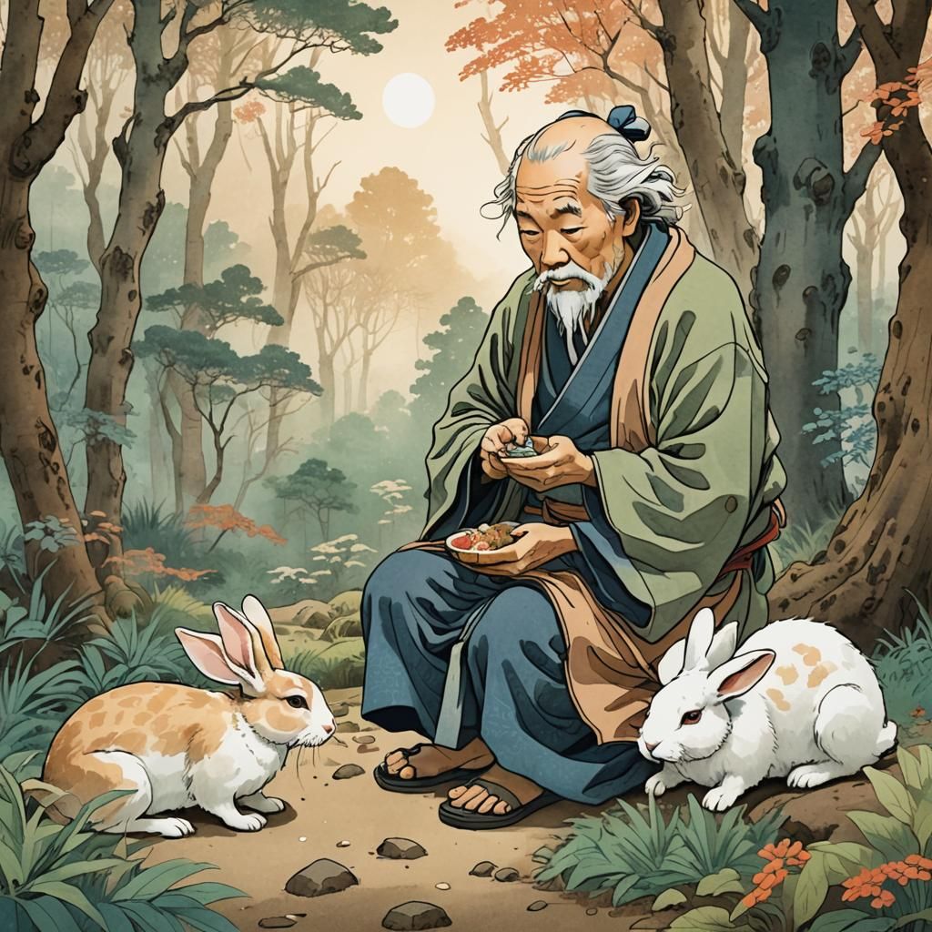 Kind Rabbit Shares Food with Beggar: Ukiyo-e Style