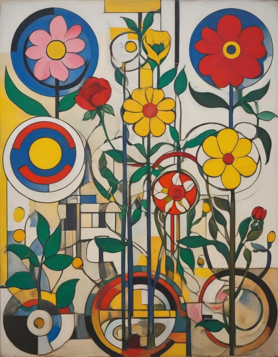 Cubist Concentric Circles with Greenery and Flowers