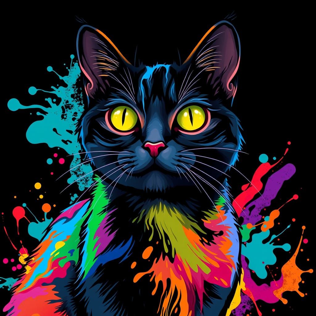Stylized Dark Cat in Vibrant, Swirling Colors