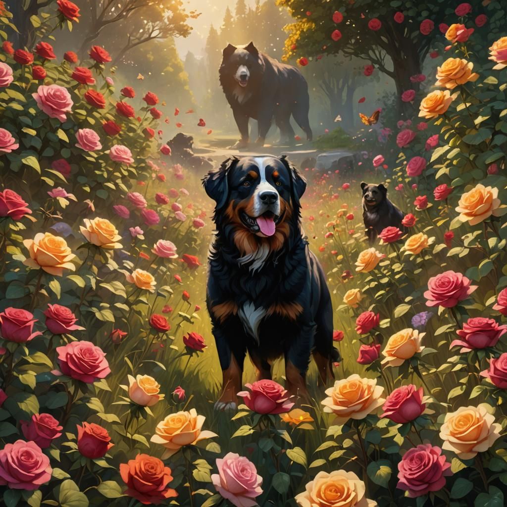 Bernese Mountain Dog and Bear in Rose Field