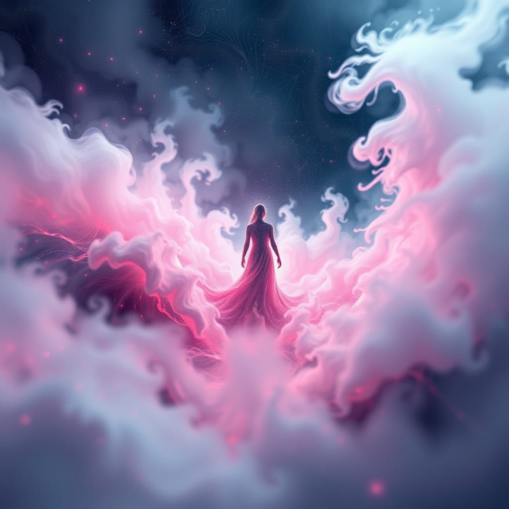 Ethereal Figure in Abstract Neon Landscape