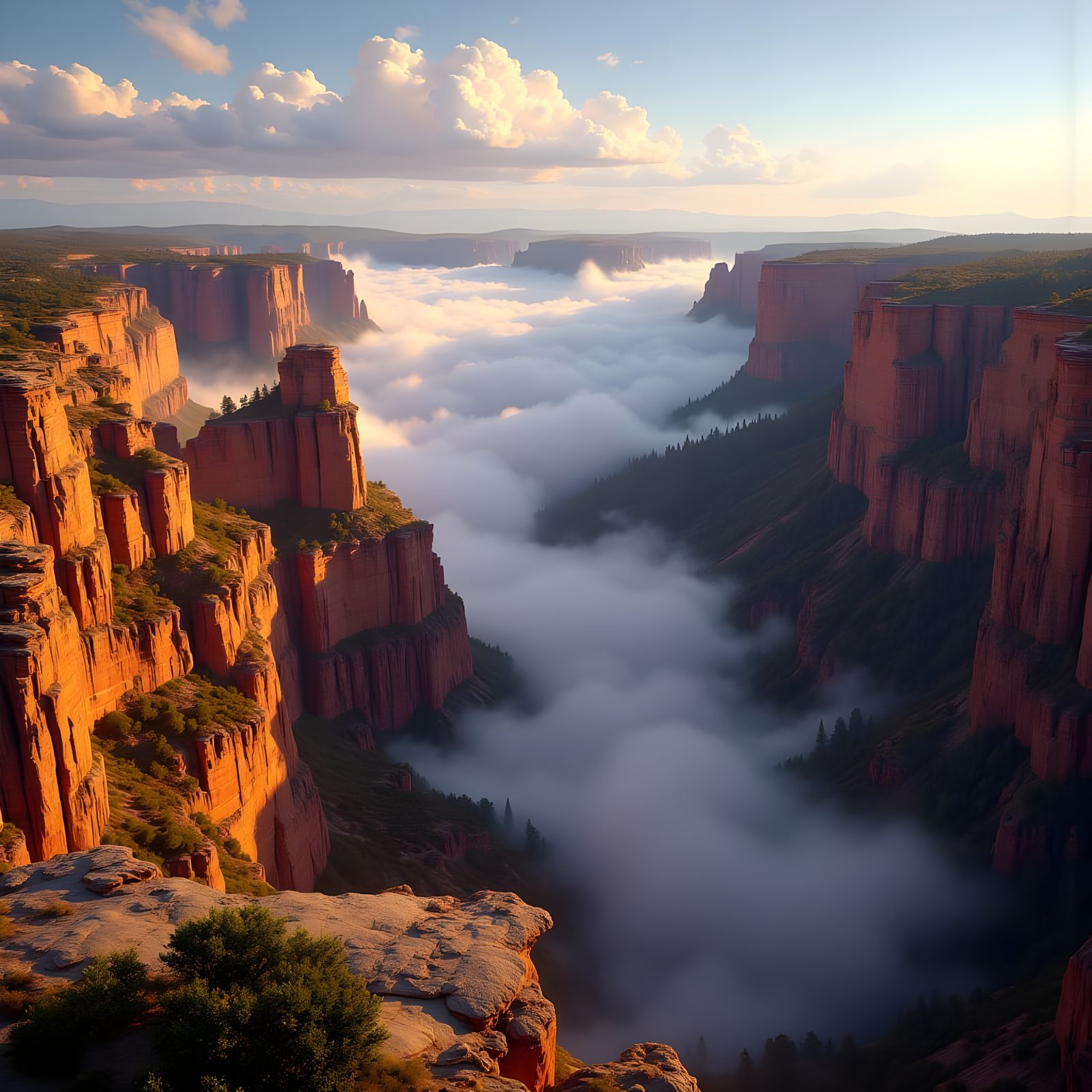 Vast Canyon Sunrise with Misty Depths