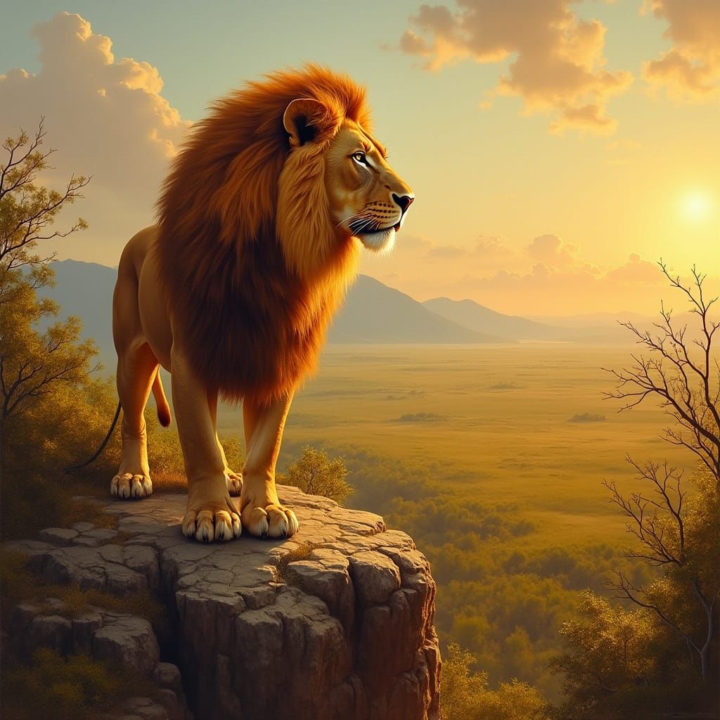 Fiery Lion on Savannah, Classical Oil Painting