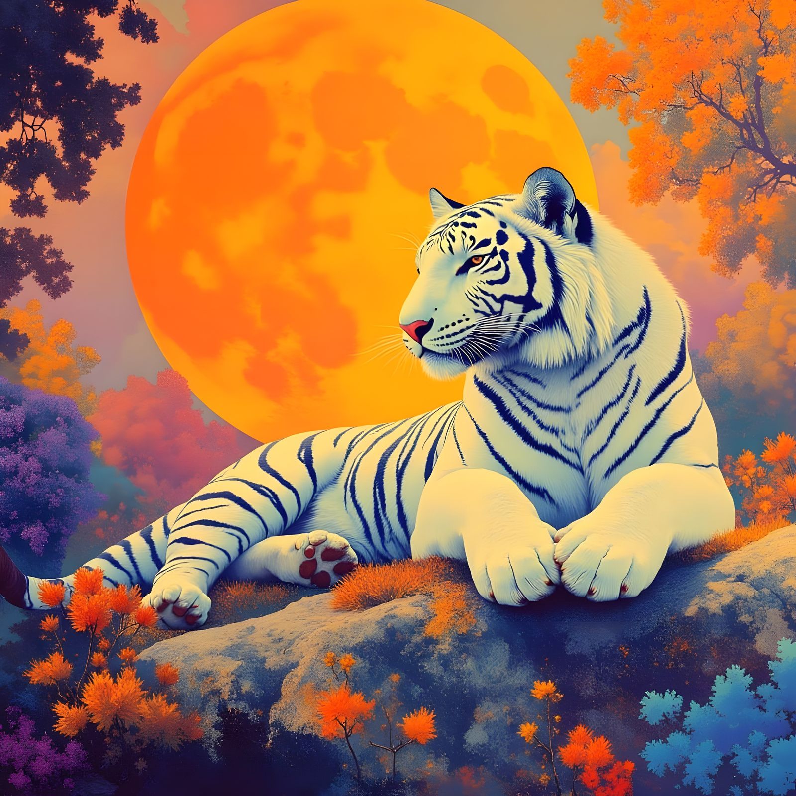 Majestic Siberian Tiger Under Orange Moon