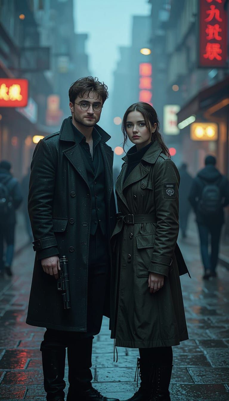 Cyberpunk Duo in Dystopian Cityscape