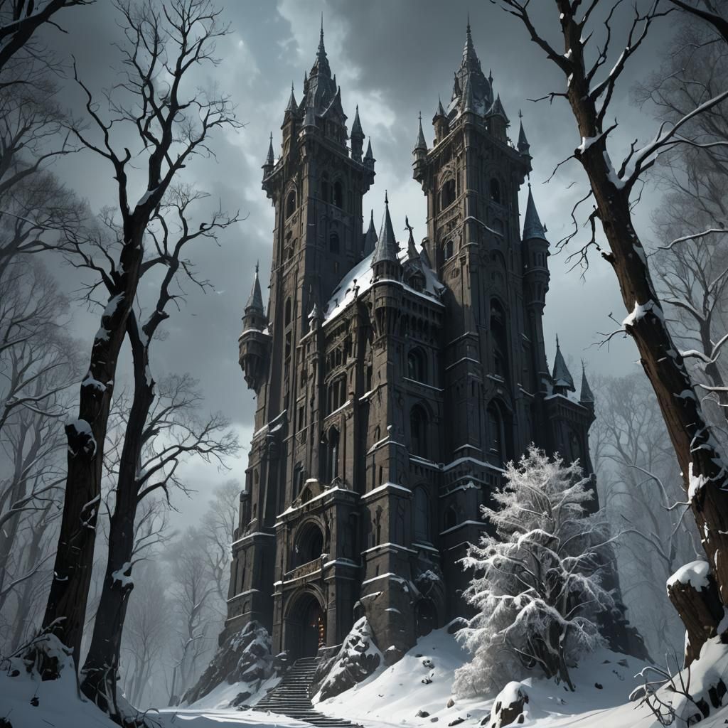 Dark Tower in Snowy Forest: Fantasy Concept Art