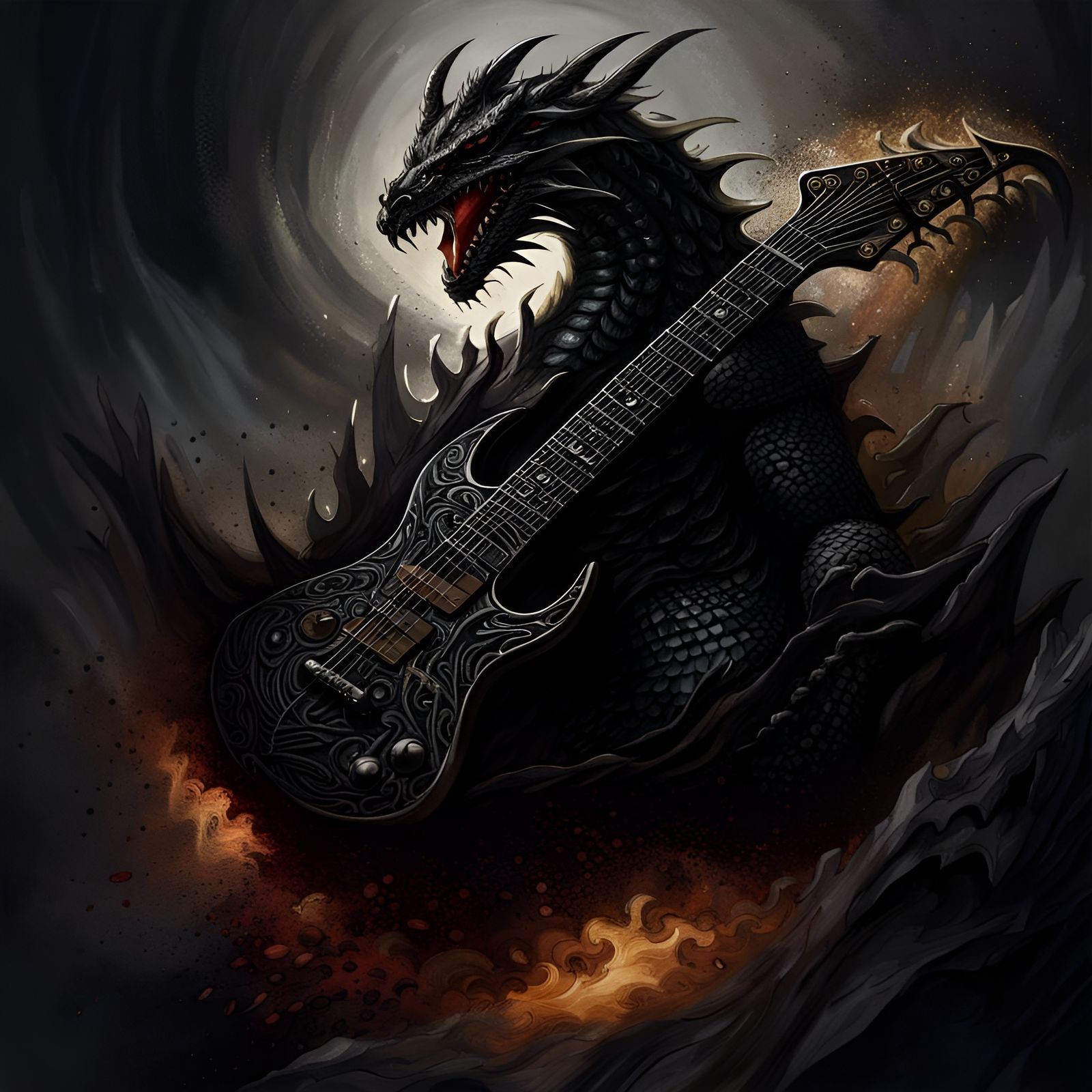 Gothic Black Dragon Guitarist in Dark Fantasy Style