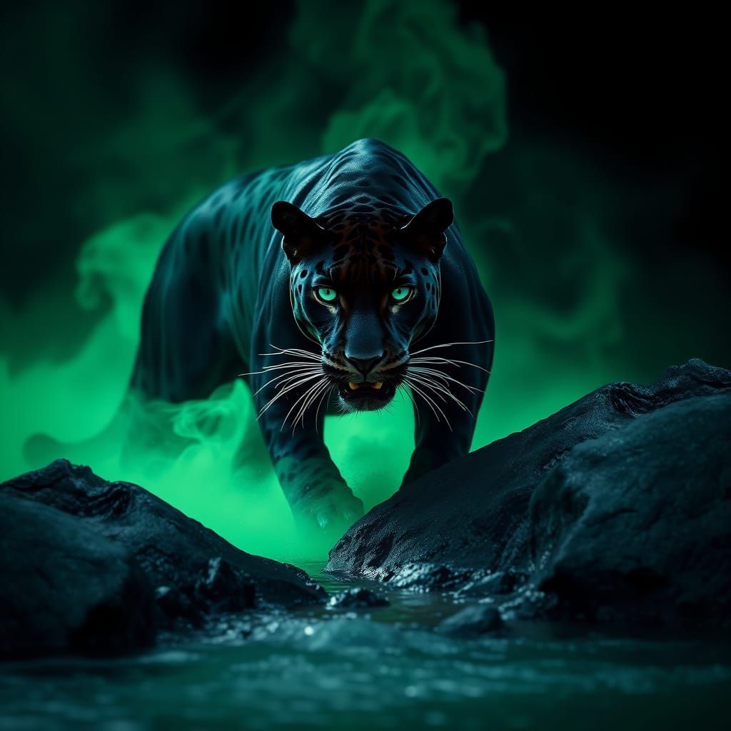 Mystical Black Jaguar Emerging from Green River