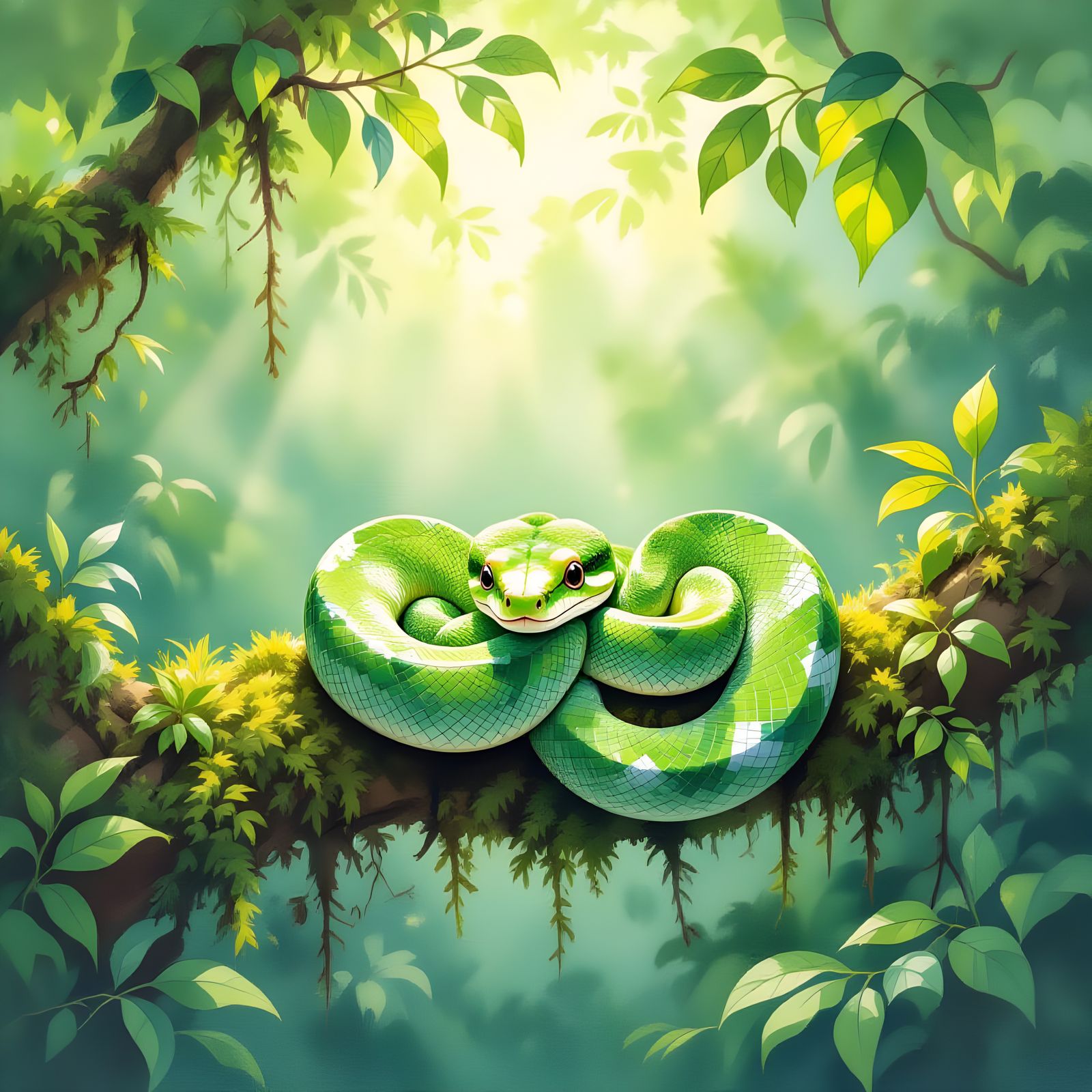 Charming Watercolor Green Tree Boa in Rainforest