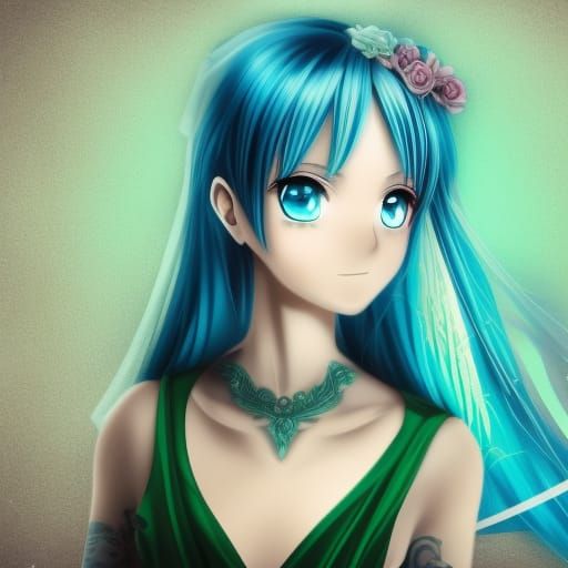 Anime Girl with Blue Hair in Green Dress