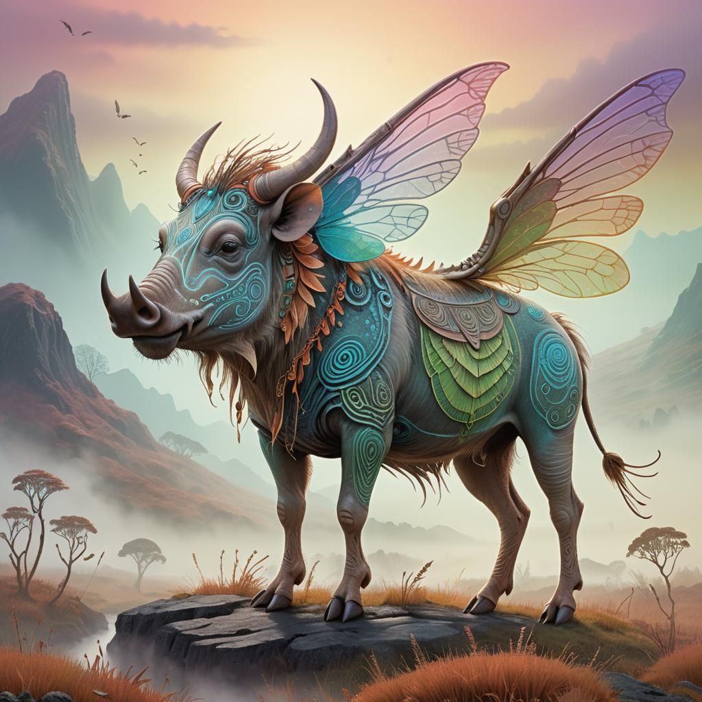 Celtic Alien Warthog with Fairy Wings in Misty Landscape