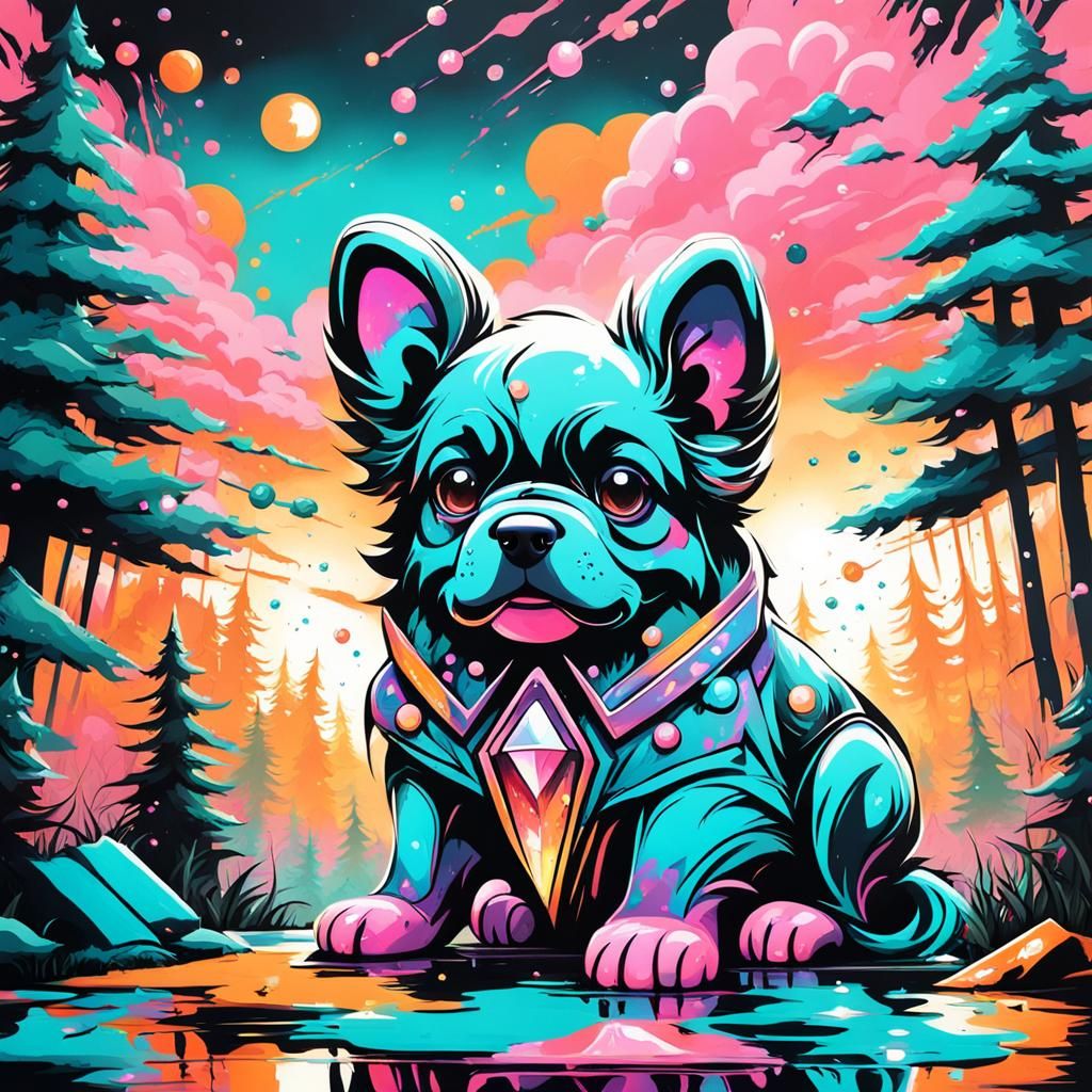 Puppy in Forest at Sunset in Graffiti Art Style