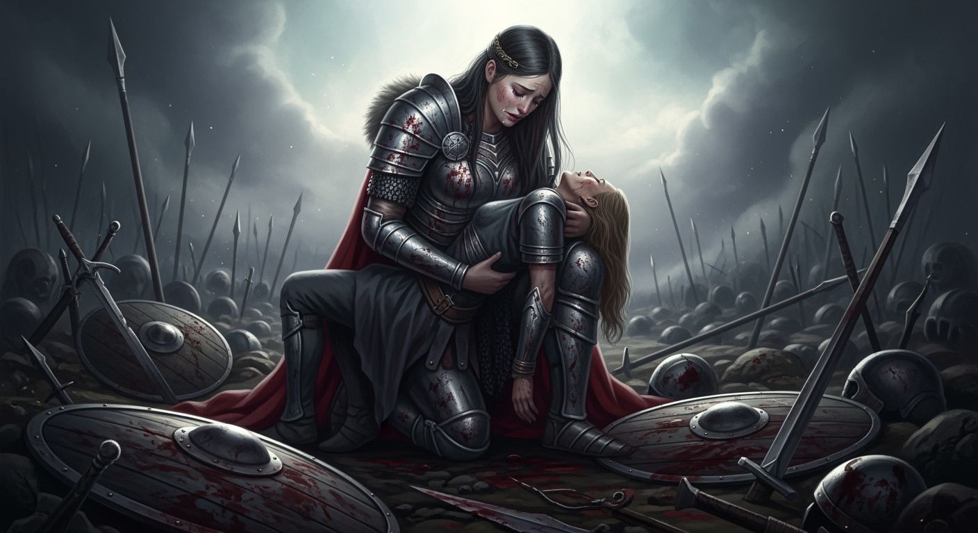 Sorrowful Valkyrie Kneeling on Battlefield with Fallen Comra...