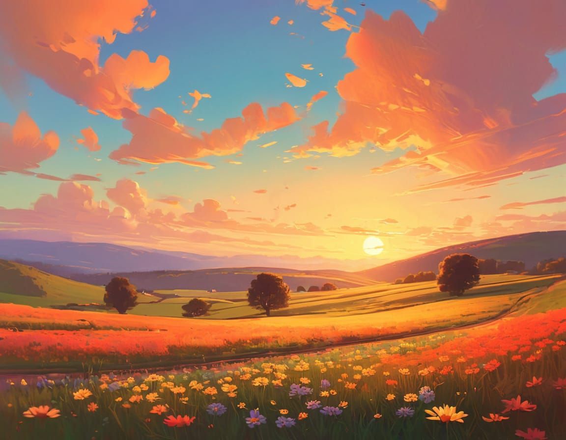Sunset Over Wildflower Meadow: Digital Art