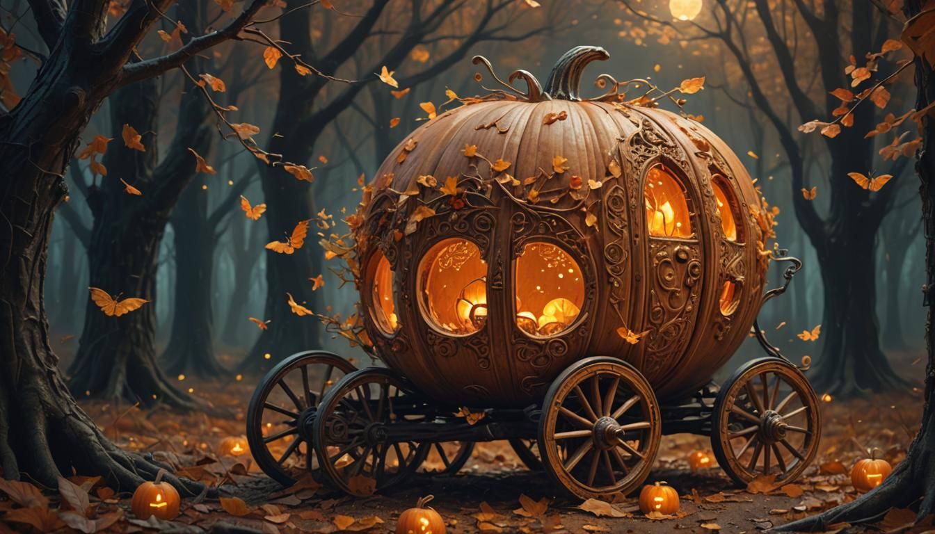 Glowing Pumpkin Carriage in Whimsical Forest