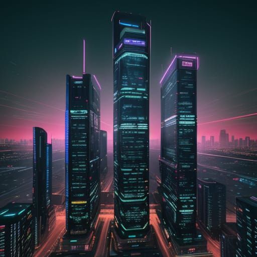 Futuristic Cityscape with Airport in Cyberpunk Style