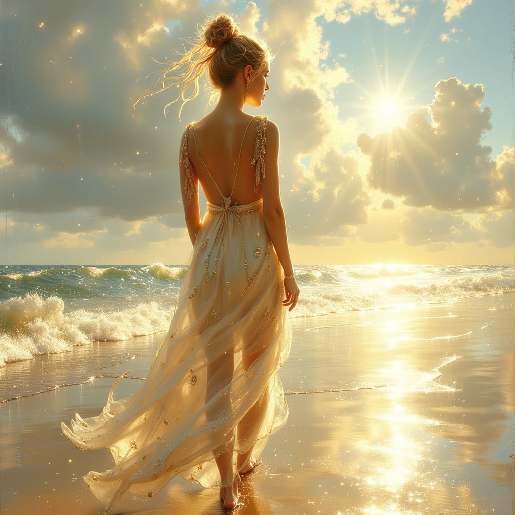 Elegant Woman on Beach in Hyperrealistic Art Nouveau Style