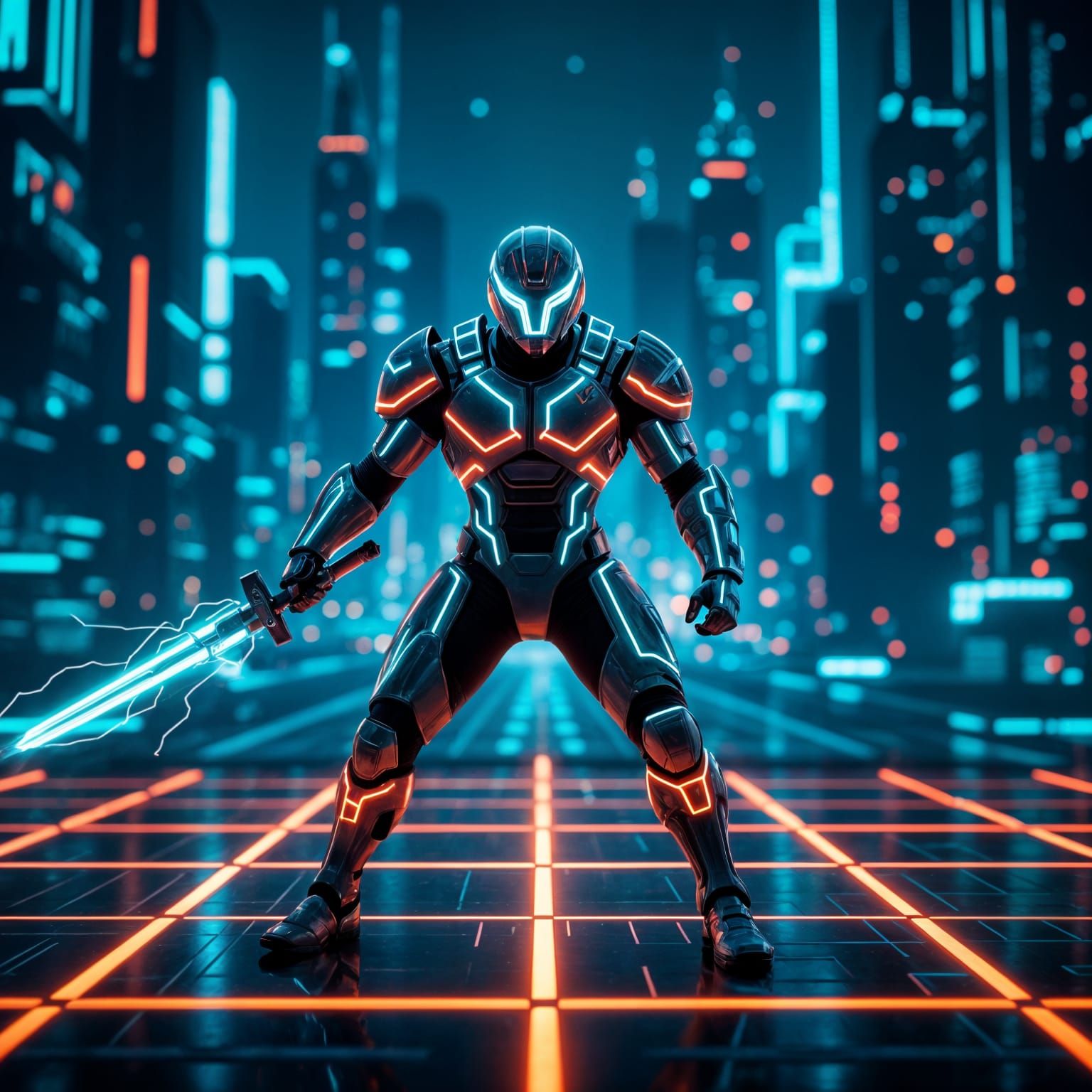 Tron Warrior in Neon Grid Cyberpunk City